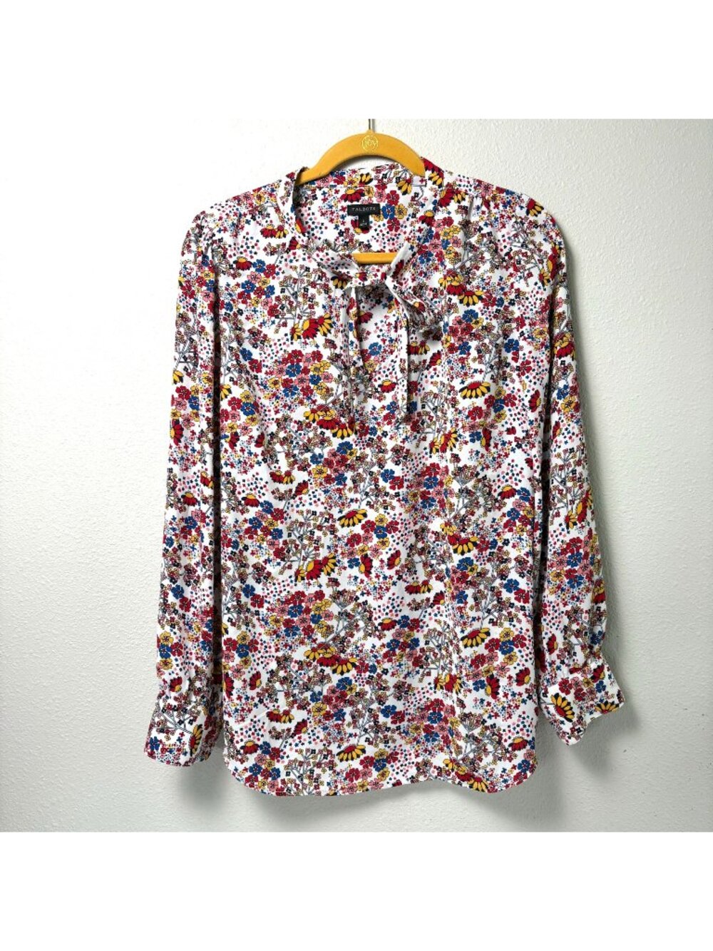 Talbots Floral Blouse Size L Multicolor Tie Neck Long Balloon Sleeve Top‎